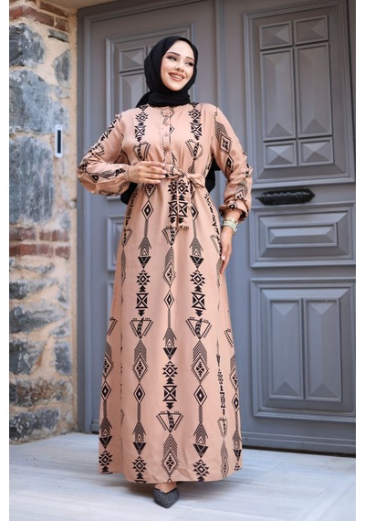 Hira Life Fashion Kadın Tesettür Geometrik Desen Önü Düğmeli Ve Bel Kuşaklı Viskon Elbise Vizon Vizon Hira Life Fashion Kadın Tesettür Geometrik Desen Önü Düğmeli Ve Bel Kuşaklı Viskon Elbise Vizon Vizon
