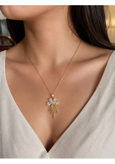 Çiçek Model Sarkıt Zirkon Taşlı Kolye Gold