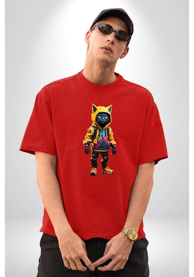Spor Eşofman Takımı Sarı Kedi İnsan Pamuklu Bisiklet Yaka Unisex Oversize Boyfriend Dijital Baskılı Kırmızı T-shirt Kırmızı