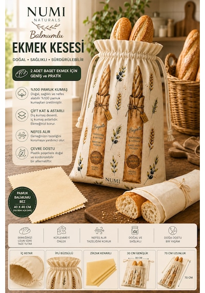 Premium Baget Ekmek Saklama Seti - 1 Pamuklu Çift Kat Astarlı Kese 30x70 + 2 Balmumu Bez 40x40 Çok  Renkli