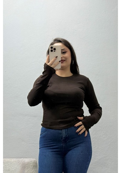Belendir Kadın Bisiklet Yaka Buzzy Ribana Parmak Geçmeli Body Açık Kahve