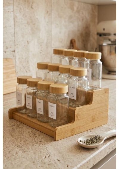 Atbyhome 13 Parça Bambu Standlı Baharatlık Seti - 12 Adet 120 Ml Cam Baharat Takımı Beyaz - Kahverengi