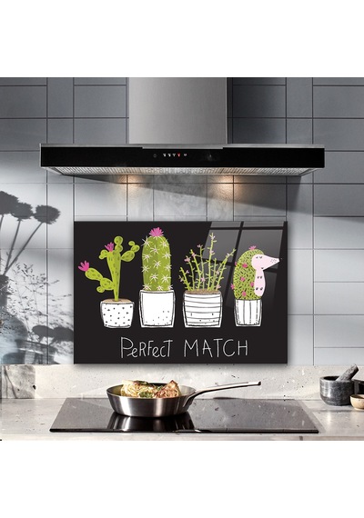 Cam Ocak Arkası Koruyucu | Perfect Match - Siyah Fon |40cm x 60cm