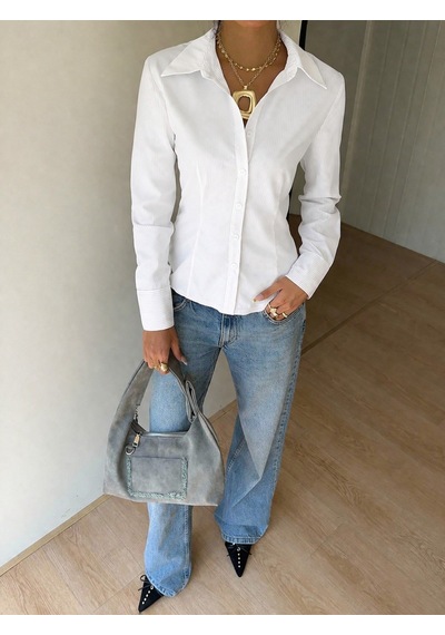 Kadın Premium Gömlek Slim Fit Uzun Kollu Şık Ofis Günlük Kombin Basic Klasik Gömlek Beyaz