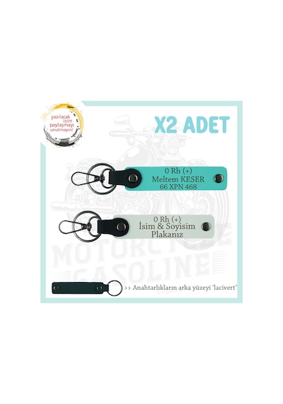 Motor Severler İçin, İsim Plaka Ve 0 Rh + Kan Grubu X2' Li Anahtarlık, Hediye , Beyaz-turkuaz-laci Çok Renkli