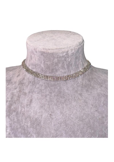 Kırmızı Sanat Evi Full Taşlı Üç Sıra Parlak Choker Kolye ve Küpe Seti Gümüş