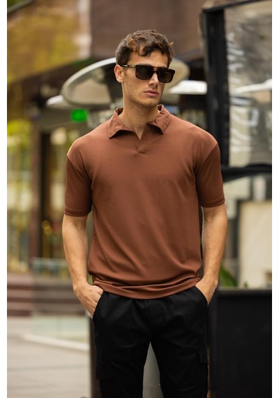 Glasses V Yaka Oversize Fitilli T-shirt - Kahve Kahve