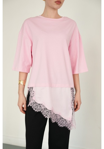 Verymoda Dantel Ve Saten Detaylı Asimetrik Tişört D2942 Pembe