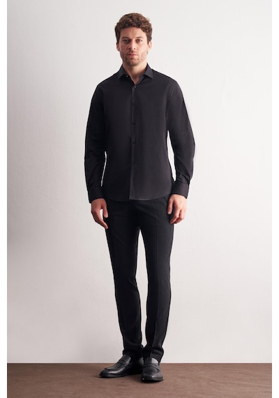 İmza Siyah Yarım İtalyan Yaka Uzun Kol Slim Fit Pamuklu Gömlek 1004255189 Siyah