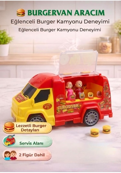 Burgervan Araçlı 2 Adet Figürlü Ve Burger Menü Aksesuarlı Oyuncak Hamburger Kamyonu Çok Renkli