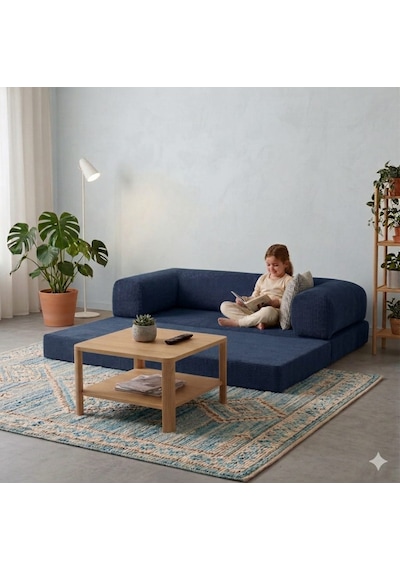 Herev 160x80 Sünger Koltuk İki Kişilik Kanepe Yataklı Yıkanabilir Kadife Kumaşlı Lacivert
