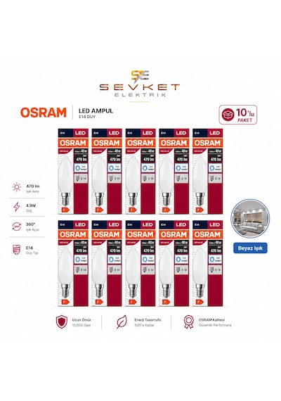 Osram 4.9w 40w 10'lu Paket Led Mum Ampul Beyaz Işık-6500k E14 10 Adet