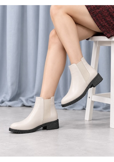 Dabab Shoes Maral Kadın Bej Cilt Yuvarlak Burun Lastik Detaylı 3 Cm Topuklu Kaymaz Taban Chelsea Bot Bootie