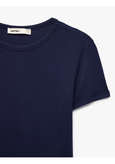 Koton Viskon Kumaş Ribanalı Slim Fit Kısa Kollu Bisiklet Yaka Basic Tişört Lacivert 7wak50010ek
