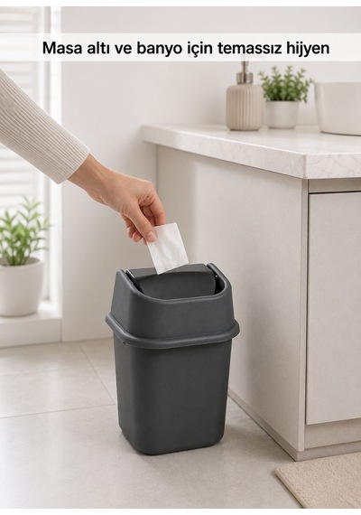 Antrasit Çöp Yut Çöp Kovası 6 L - Sallanır Kapaklı Ofis Çalışma Masası Altı Ve Banyo Çöp Kutusu