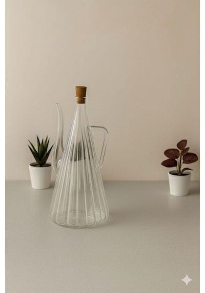 Qerhome Borosilikat Cam Akasya Kapaklı Çizgili Glazzy Yağlık 750 Ml 1 Adet Şeffaf