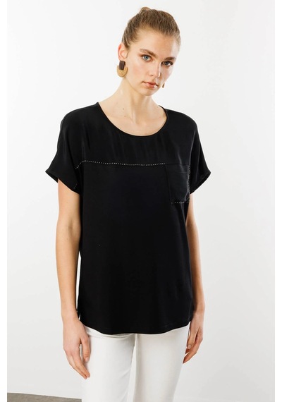Desen Triko Kadın Sıfır Yaka Önü Cepli Penye T-shirt 25830 Siyah Siyah