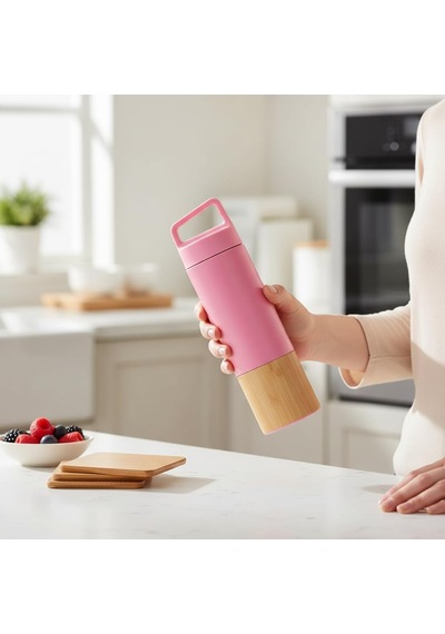 600 Ml Bambu Tabanlı Kulplu Çelik Termos Mug - 5 Renk Seçenekli Sıcak/soğuk Tutucu Seyahat Bardağı Pembe Çok Renkli