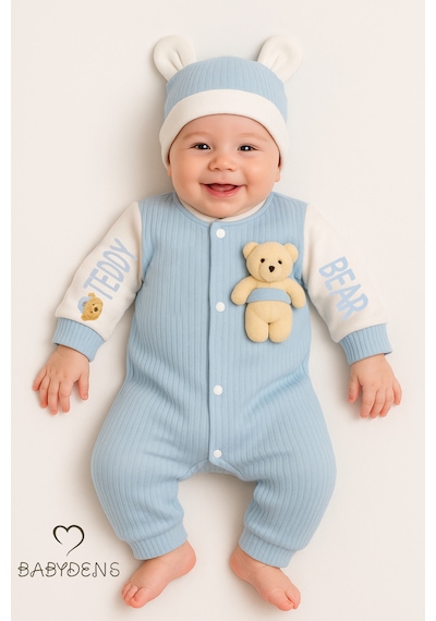 Babyden's Teddy Bear Temalı Yenidoğan Fitilli Tulum Takımı Ayıcıklı Erkek Bebek Tulum Şapka Set %100pamuk Mavi