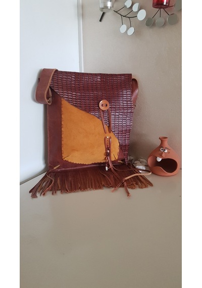 Taba Ve Camel Hakiki Deri El Yapımı Püsküllü Çanta Açık Vizon - Taba
