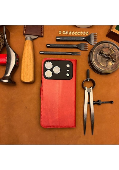 Bideri Patara Apple Uyumlu iPhone 17 Pro Max Hakiki Deri Cüzdan Kılıf Kırmızı