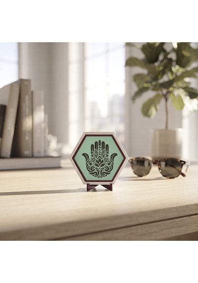 Fatima'nın Eli Temalı Dekoratif Masaüstü Süsü, Ev Ve Ofisler İçin Özgün, Butik Ve Şık Bir Tamamlayıcı 10x10 Cm, Açık Yeşil