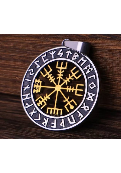 Paslanmaz Çelik Altın Renk Detaylı Vegvisir Pusula Viking Kolye Altın - Gümüş