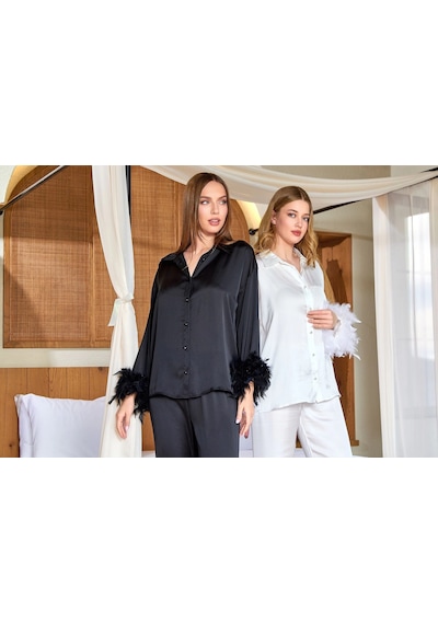 Ang Butik Kadın Aqua 25583 Gömlek Yaka Otrişli Saten Pijama Takımı Siyah