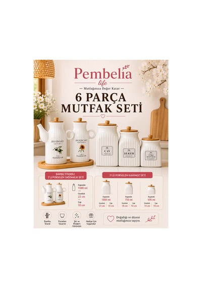6 Parça Bambu Standlı Porselen 1000ml Yağdanlık Ve 3 Lu Çay Şeker Türk Kahve Kavanoz Seti Beyaz Beyaz
