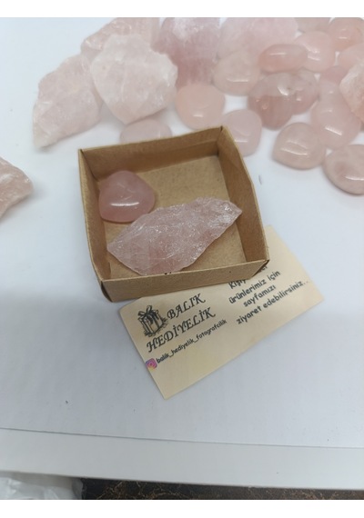 Pembe Kuvars İkili Biblo Set Kalp Şeklinde Ve İşlenmemiş Ham Hali-1001/balık Hediyelik 02