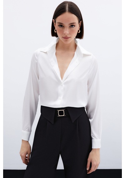 Sateen Oversize Saten Gömlek - Ekru