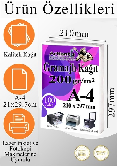 A4 Gramajlı Fotokopi Kağıdı 50 Adet 200 Gr Sertifika Kağıdı Kalın Kağıt Baskı Tüm Yazıcılara Uyumlu 21x29.7cm Ofis Büro