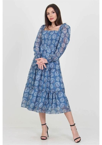 Neşeli Butik Kadın İndigo Gipeli Kare Yaka Desenli Şifon Elbise Nb100361 Indigo