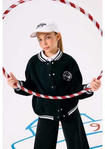 Defacto Kız Çocuk Okula Dönüş Slogan Baskılı Bisiklet Yaka Kalın Sweatshirt Kumaşı Hırka F2194a825aubk81 Siyah