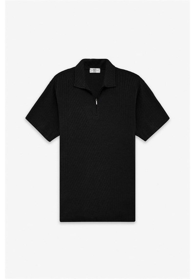 Süvari Siyah Slim Yatay Çizgili Baskısız Jakarlı Fermuarlı Polo Yaka Tişört Sts1014000023-s09