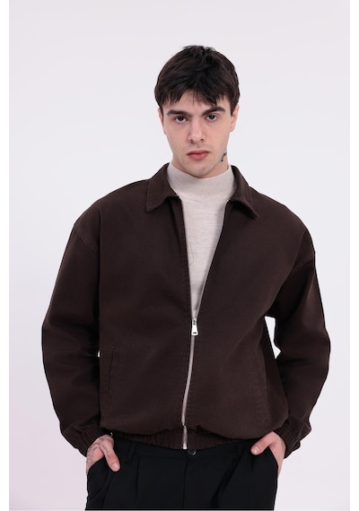 Erkek Gabardin Kumaş Fermuarlı Oversize Beli Lastikli Mevsimlik Ceket-265 Kiremit
