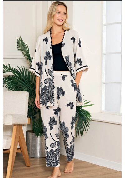 Feyza Pijama Feyza 5222 Sabahlıklı 3 Lü Kadın Pijama Takımı Bej