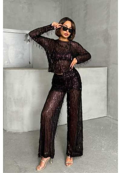 Verymoda Pullu Tül Pantolon F1611 Siyah Bordo