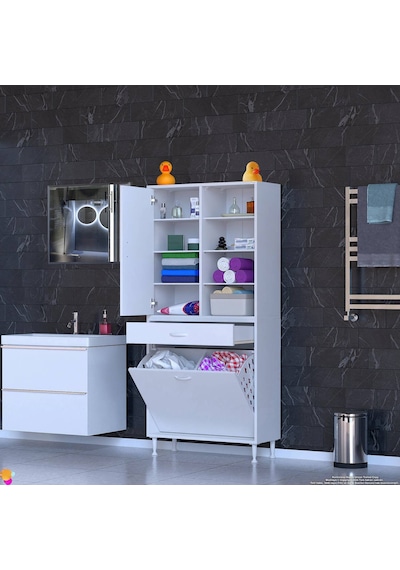 Modilayn Afra 70x173x32,5cm 1 Çekmece, 2 Göz Sepet, 1 Kapak, 8 Raf Dar Alan Banyo Dolabı Beyaz Modilayn Afra 70x173x32,5cm 1 Çekmece, 2 Göz Sepet, 1 Kapak, 8 Raf Dar Alan Banyo Dolabı Beyaz