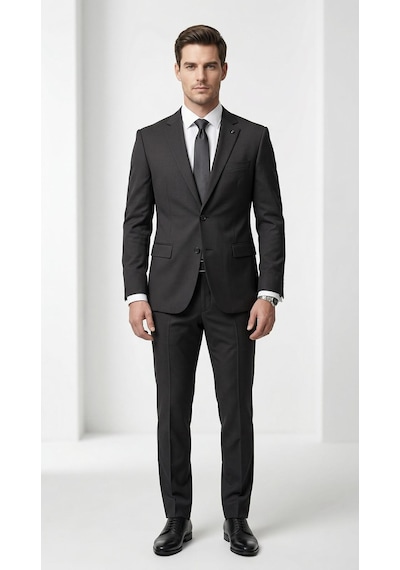 Erkek Slim Fit Mikro Desenli Takım Elbise 2 Düğmeli Çift Yırtmaçlı Modern Ceket Pantolon Takım Siyah