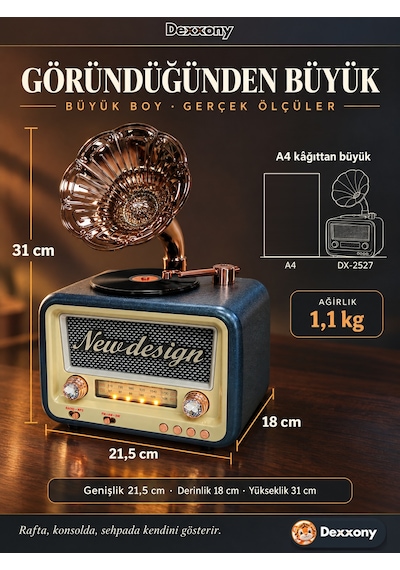 Dexxony Dx-2527 Mavi Nostaljik Radyo Gramofon Görünümlü Büyük Boy Şarjlı Bluetooth Hoparlör Fm Usb