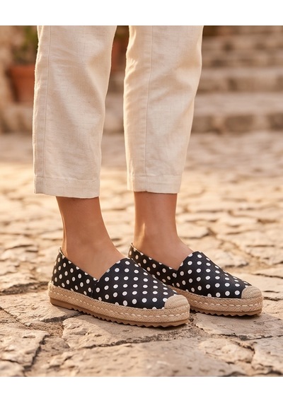Futsishoes Lucıa Siyah Puantiyeli Hakiki Deri Dikiş Detaylı Kadın Espadril