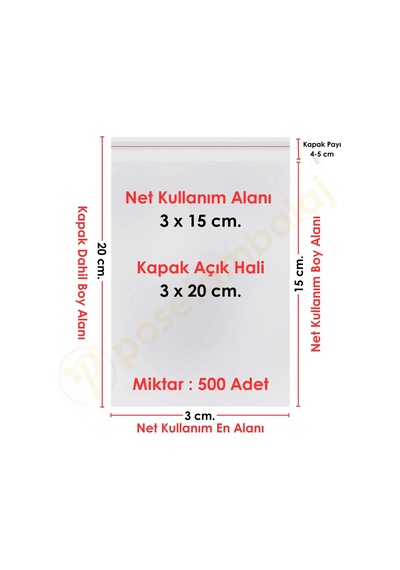 3x15+5 Cm. 3x20 500 Adet Şeffaf Bantlı Yapışkanlı Opp Poşet