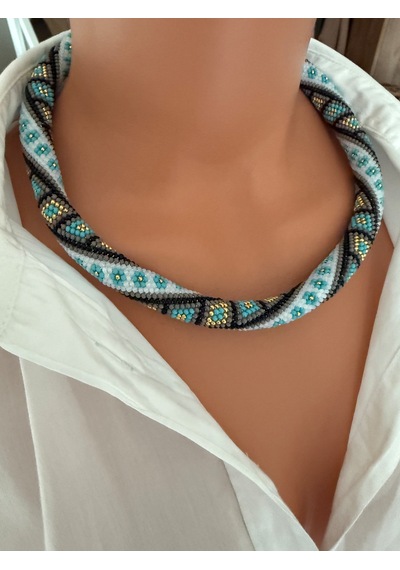 Chichibeads Bohem Rüzgarı El Yapımı Boncuk Kolye Beyaz - Mavi
