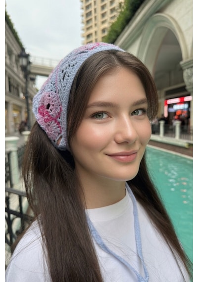 Kadın Kelebek Desenli Örgü Yazlık Bandana Triko Saç Aksesuarı Lila Pembe