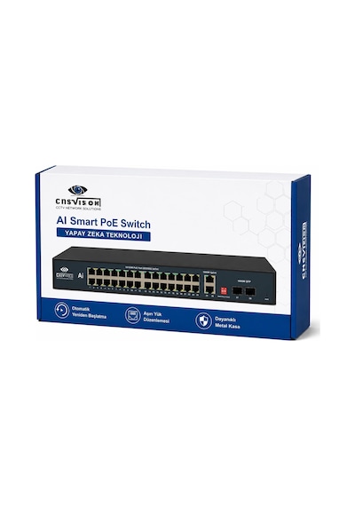 Cnsvısıon 24 Port Poe Switch 2 Gigabit Uplink 2 Sfp Aı Smart 260w 10/100 Mbps Cctv Network Switch