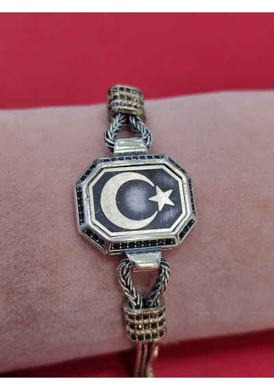 Modagümüşevi 925 Ayar Gümüş Ay Yıldızlı El Yapımı Hasır Bileklik, Ayyıldızlı Erkek Bileklik
