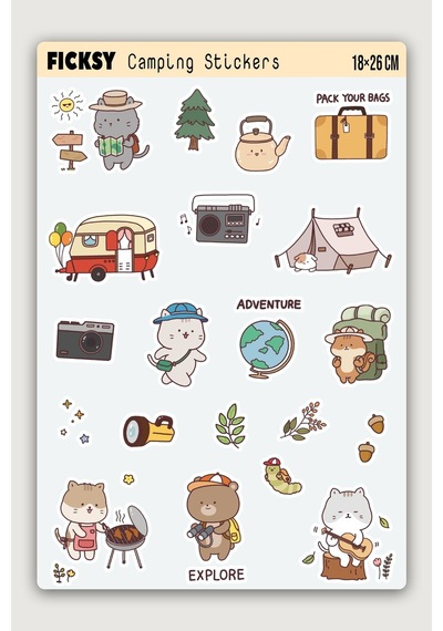 Kawaii Stili Sevimli Hayvanlar Kamp, Macera, Doğa Temalı Sticker Seti - 20 Adet Etiket Çıkartma Diğer