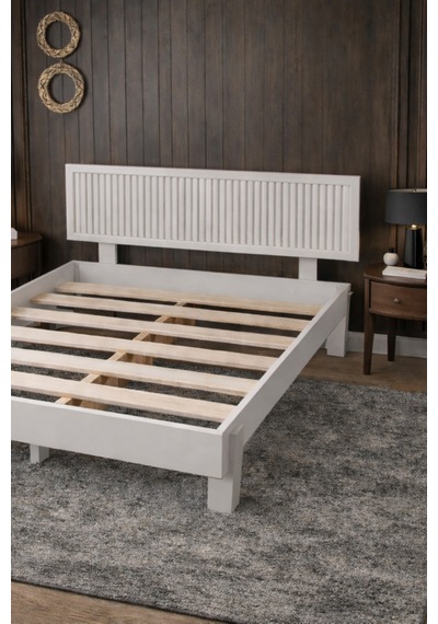 Ebruli Dikey Başlıklı Masif Ahşap Karyola Beyaz 100x200
