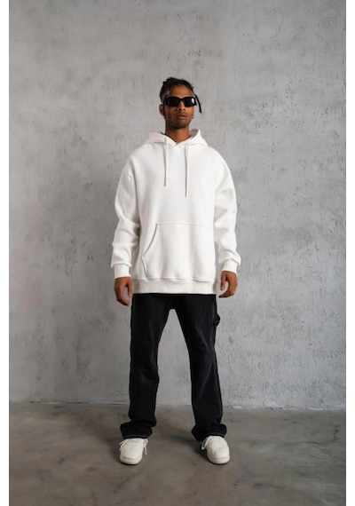 Erkek 3 İplik Pamuklu Kapüşonlu Kanguru Cepli Sweatshirt Hoodie - Beyaz